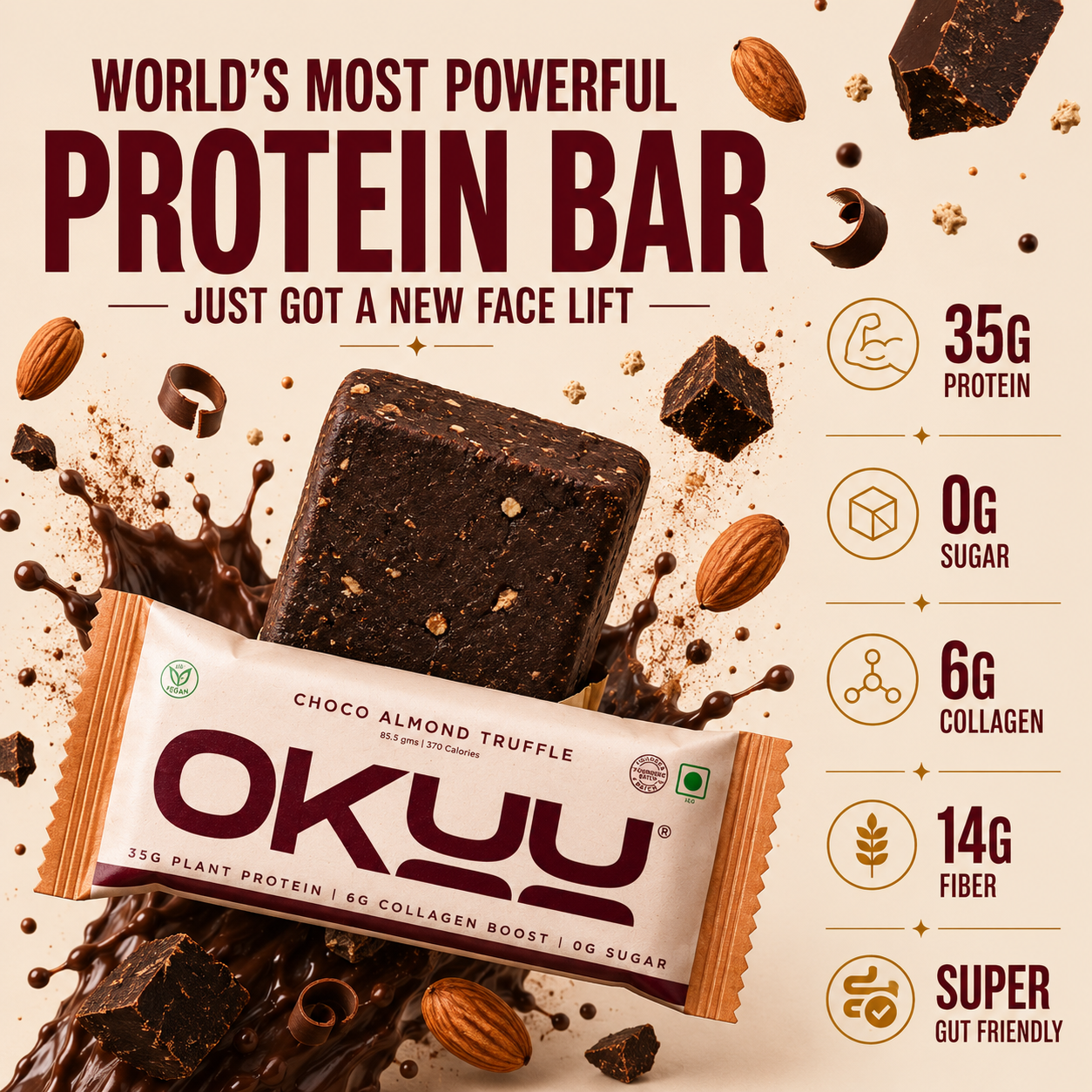 OKUU CHOCO ALMOND TRUFFLE 35G PROTEIN BAR | 14G Fiber, Zero Sugar & Collagen Boost Inside - Okuubar