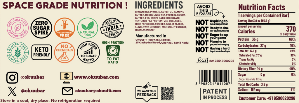 OKUU PEANUT CHOCO TRUFFLE 40G PROTEIN BAR | 14G Fiber, Zero Sugar & Collagen Boost Inside - Okuubar