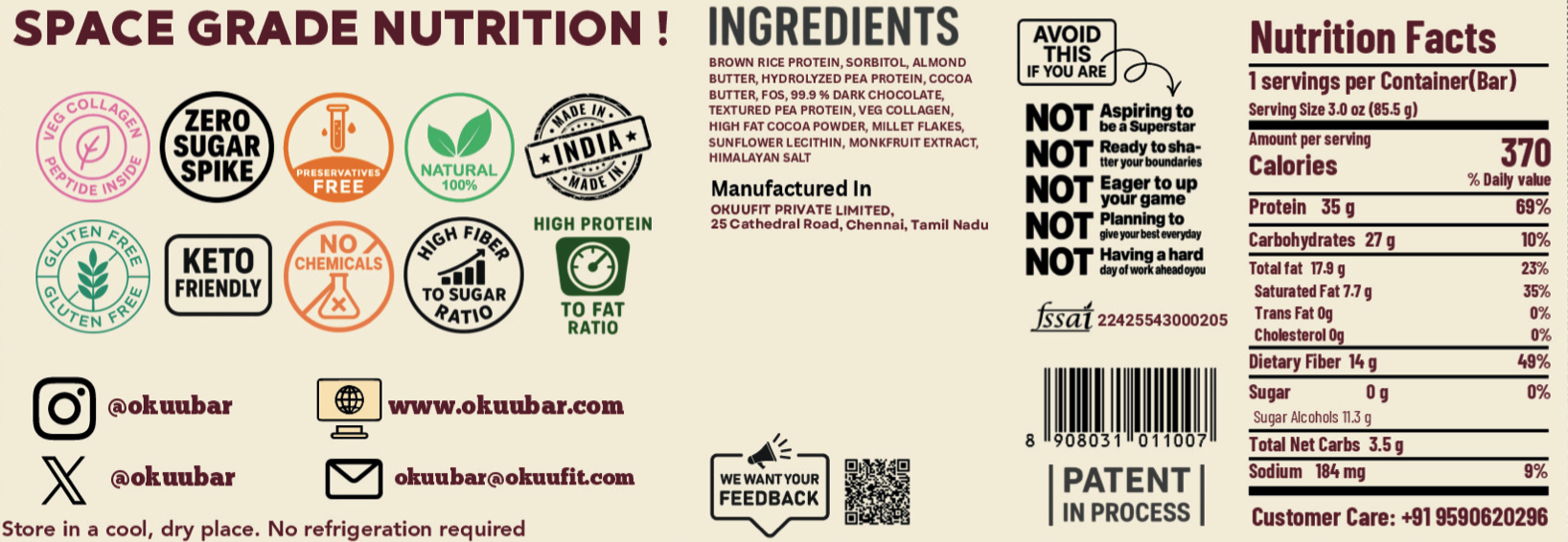 OKUU PEANUT CHOCO TRUFFLE 40G PROTEIN BAR | 14G Fiber, Zero Sugar & Collagen Boost Inside - Okuubar