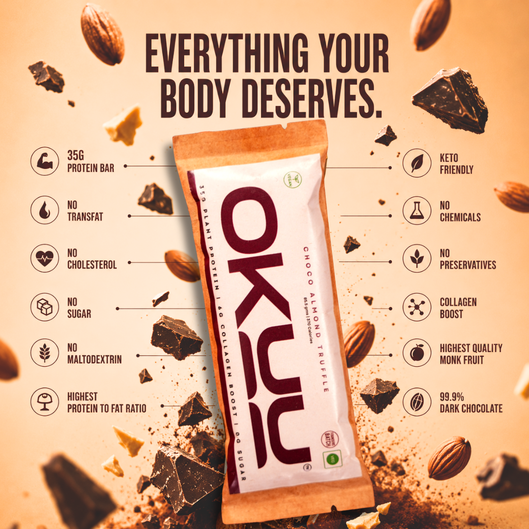 OKUU CHOCO ALMOND TRUFFLE 35G PROTEIN BAR |  14G Fiber, Zero Sugar & Collagen Boost Inside - Okuubar
