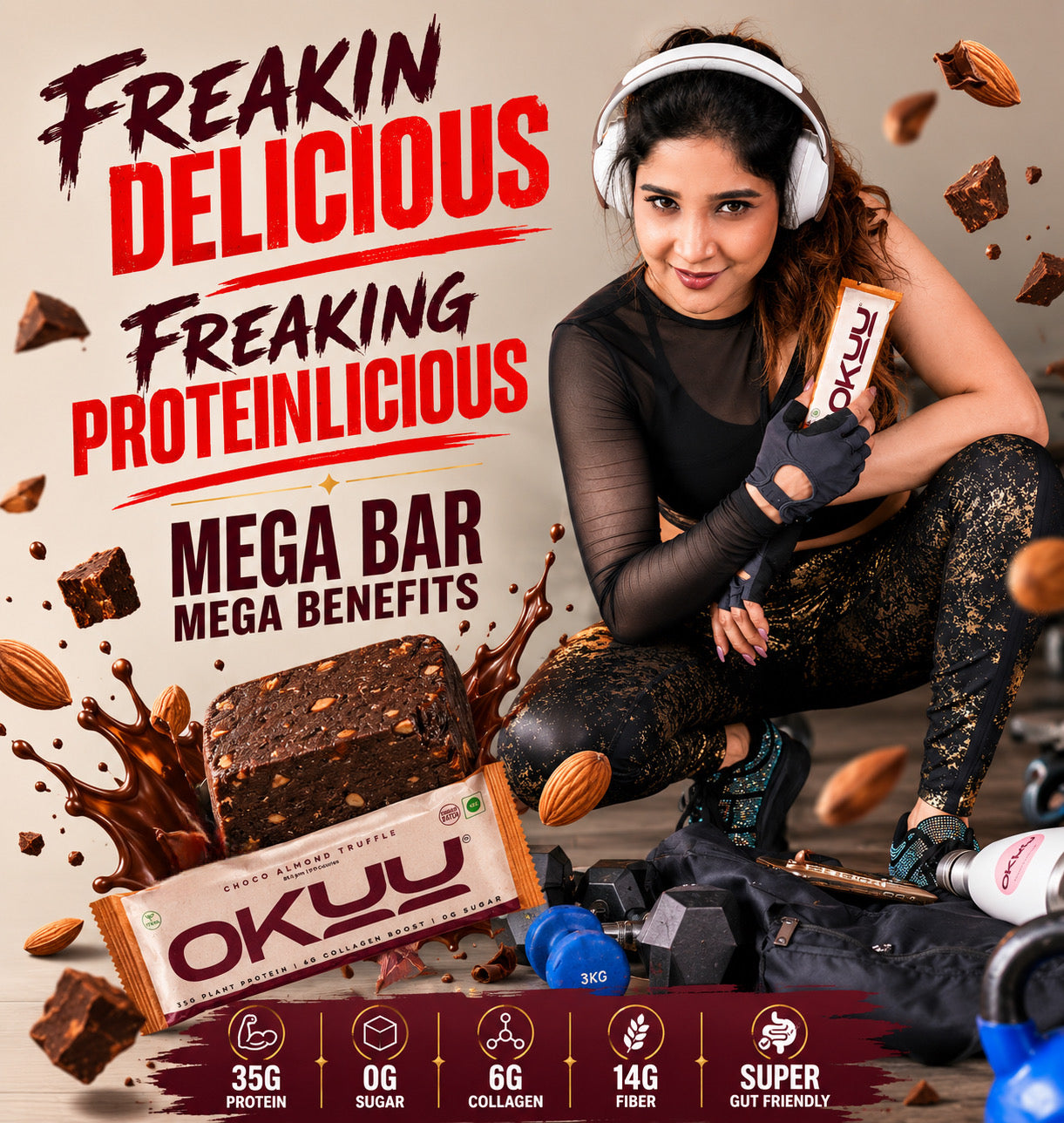 OKUU CHOCO ALMOND TRUFFLE 35G PROTEIN BAR |  14G Fiber, Zero Sugar & Collagen Boost Inside - Okuubar