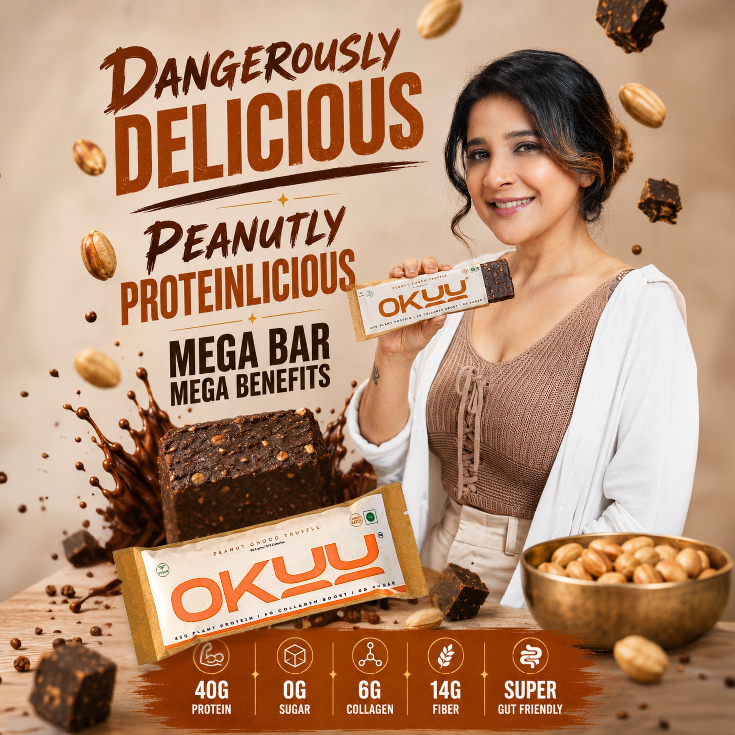 OKUU PEANUT CHOCO TRUFFLE 40G PROTEIN BAR | 14G Fiber, Zero Sugar & Collagen Boost Inside - Okuubar