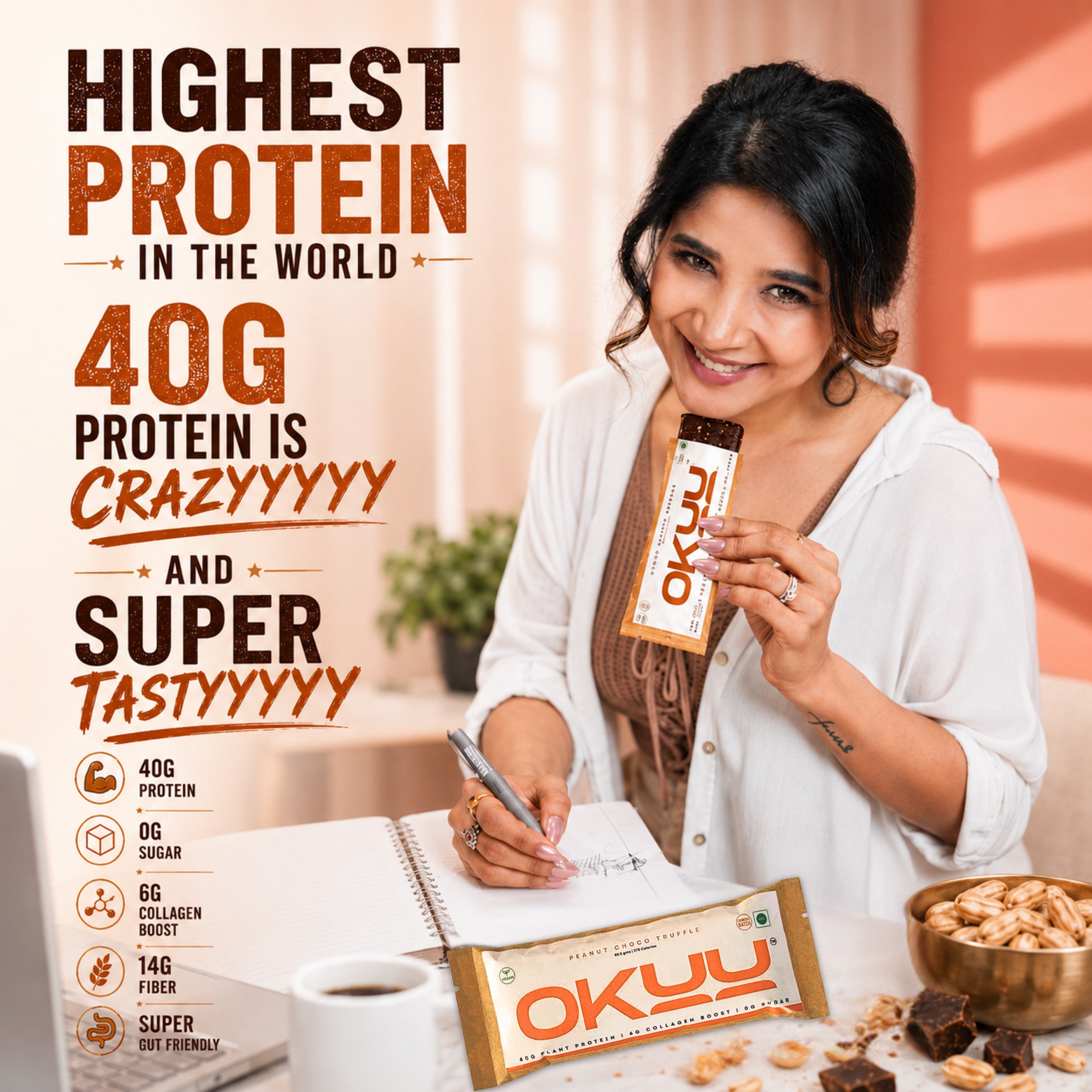 OKUU PEANUT CHOCO TRUFFLE 40G PROTEIN BAR | 14G Fiber, Zero Sugar & Collagen Boost Inside - Okuubar