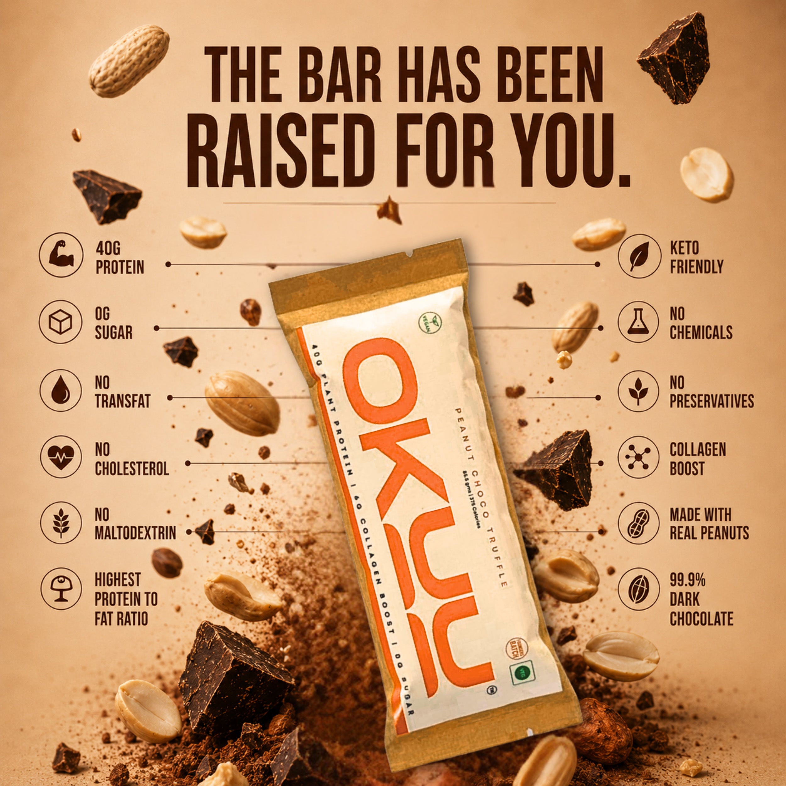OKUU PEANUT CHOCO TRUFFLE 40G PROTEIN BAR | 14G Fiber, Zero Sugar & Collagen Boost Inside - Okuubar