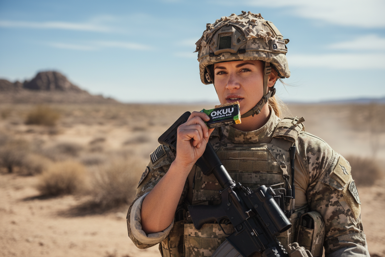 A Female soldier eating okuu protein bar