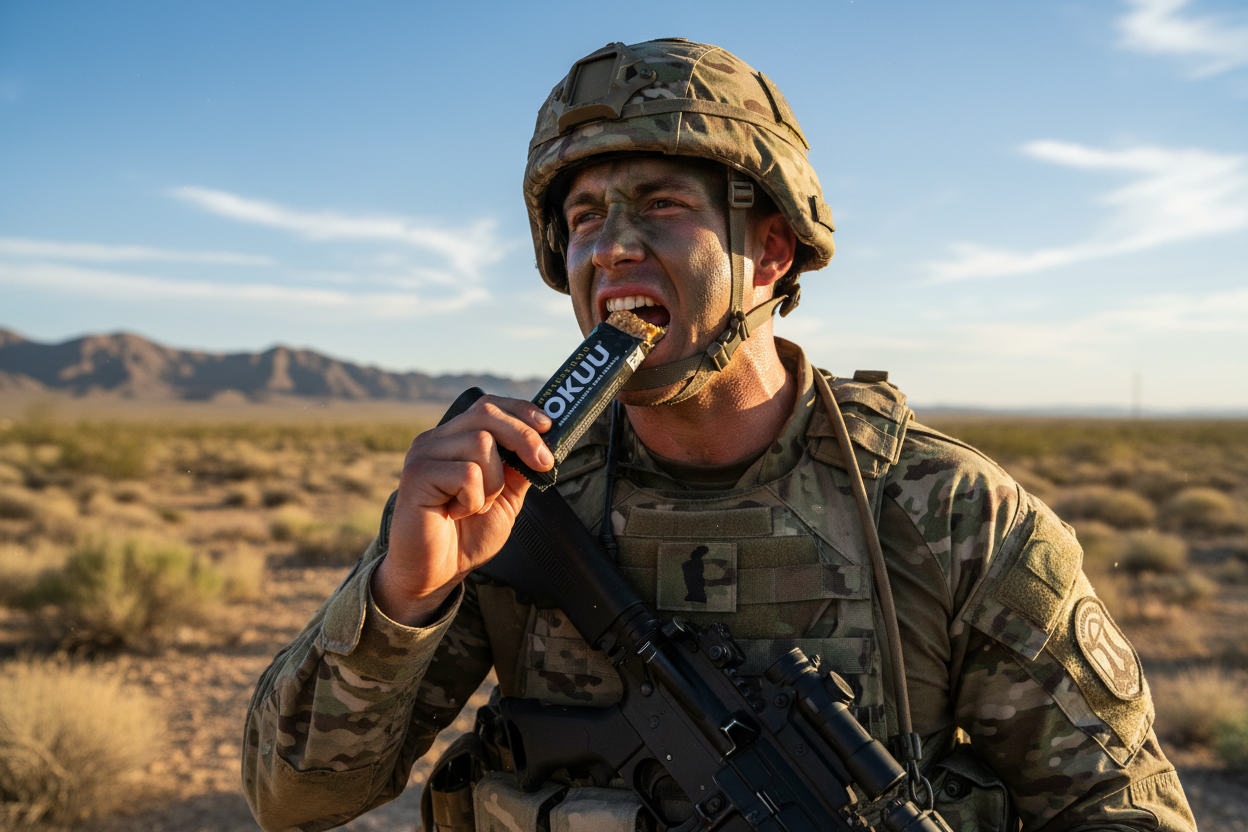 A soldier eating okuu protein bar